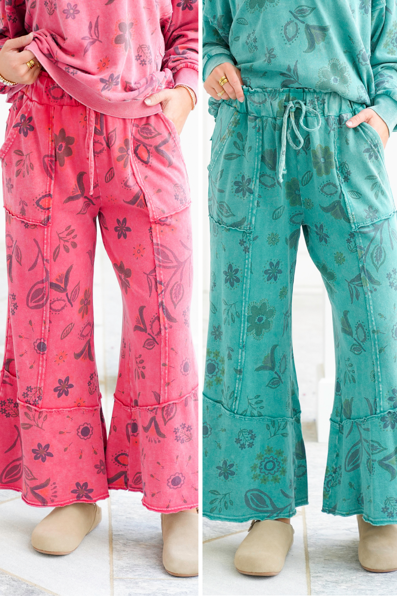 Washed Floral Print Elastic Waist Terry Pants