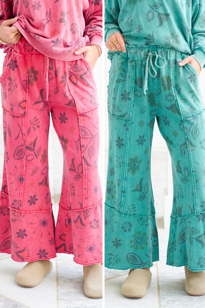 Washed Floral Print Elastic Waist Terry Pants