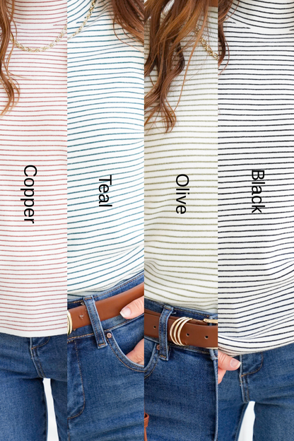 Pinstripe Long Sleeve Mock Neck Pullover Top