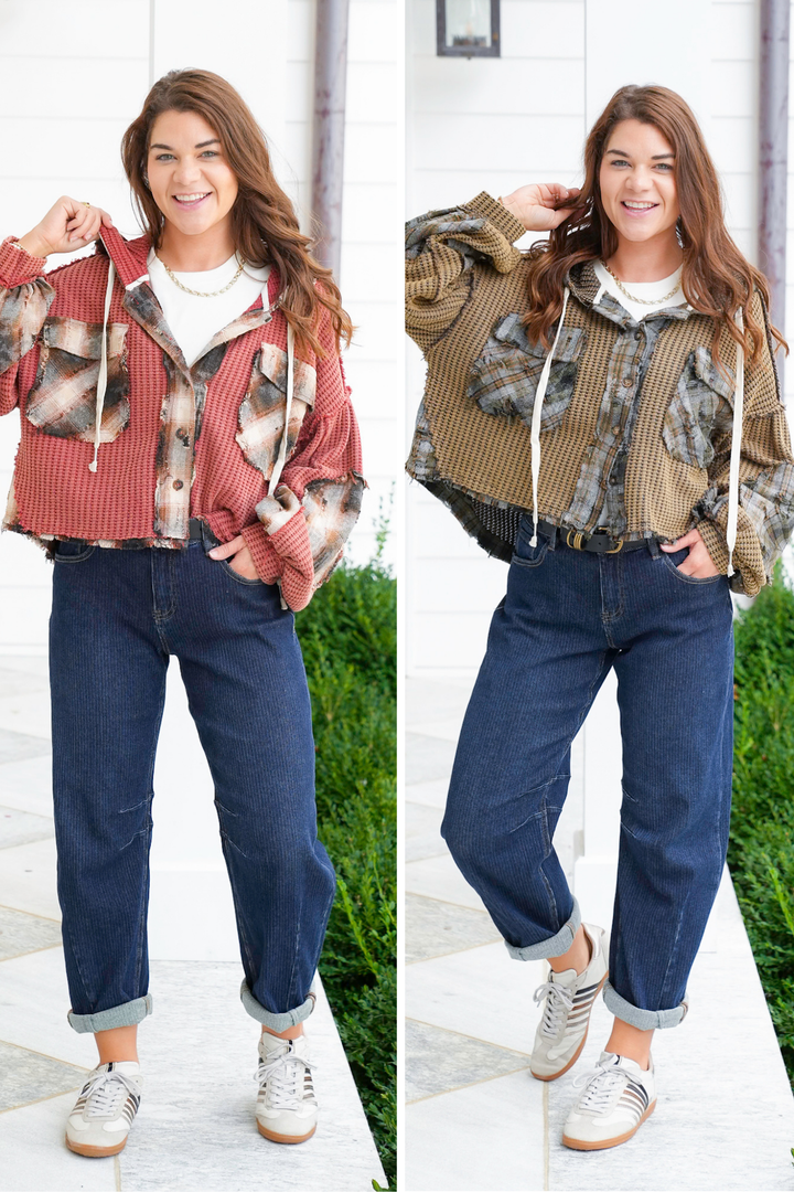 POL Thermal Long Sleeve Button Up Hoodie Top with Plaid