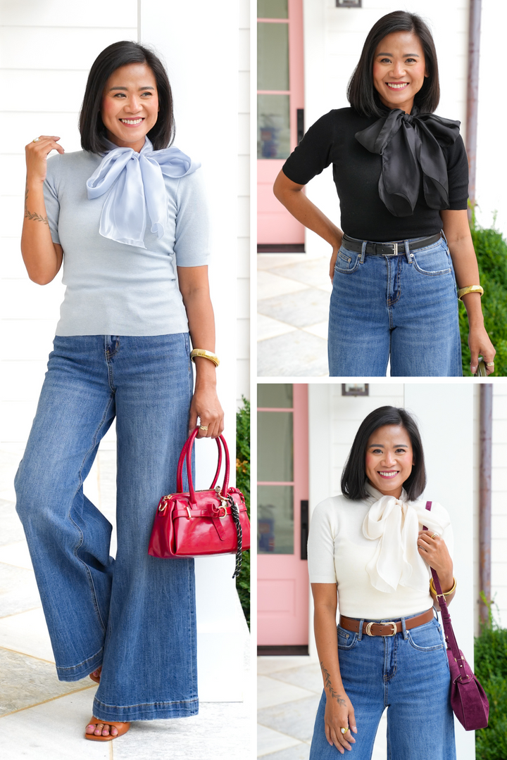 Short Sleeve Knit Top with Bow Neck Tie