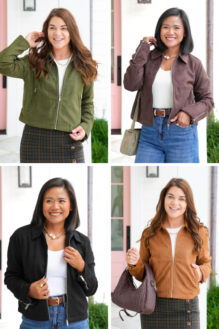 Vegan Suede Collared Long Sleeve Zip Up Jacket