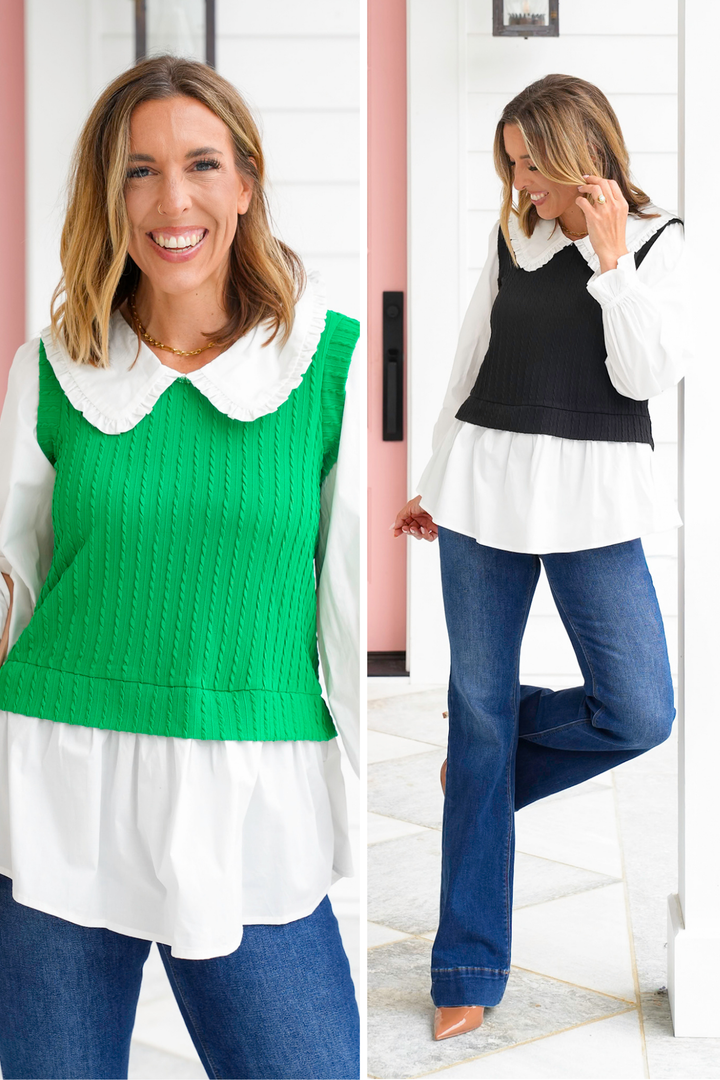 Plus/Reg Long Sleeve Layered Blouse and Sweater Vest