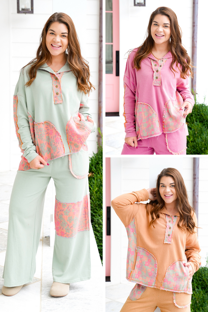 Mineral Wash Long Sleeve Button Up Top with Floral Accent