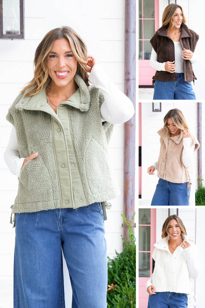 Sherpa Snap Button Down Vest with Side Ties
