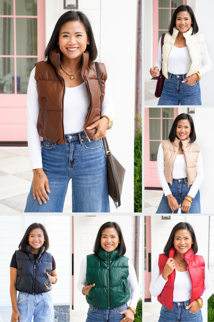 Vegan Leather Cropped Zip-Up Puffer Vest