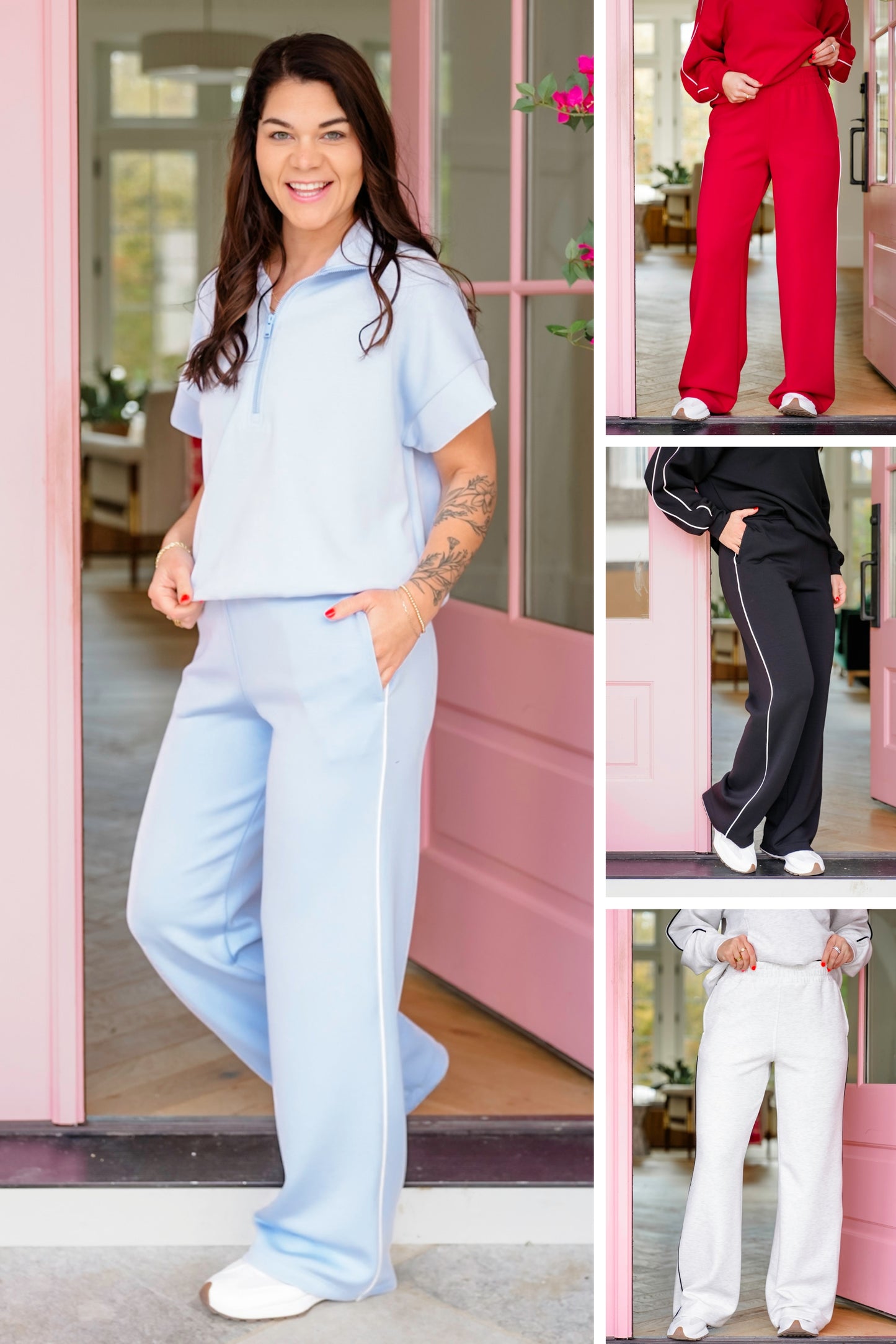 Plus/Reg Elastic Waist Scuba Knit Pants with Piping Detail