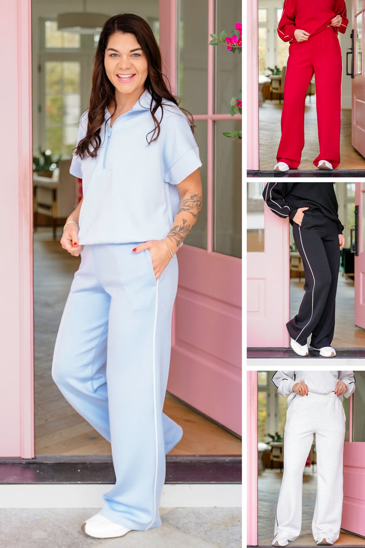 Plus/Reg Elastic Waist Scuba Knit Pants with Piping Detail