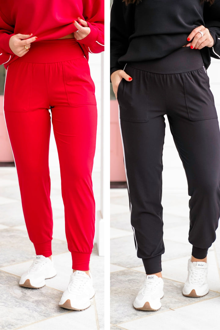 High Waist Jogger Pants with Piping Detail
