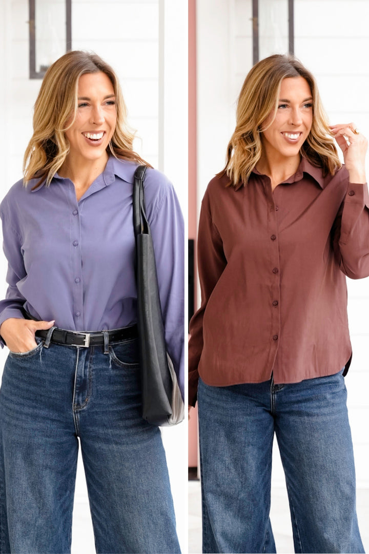 Solid Lightweight Collared Button Up Top