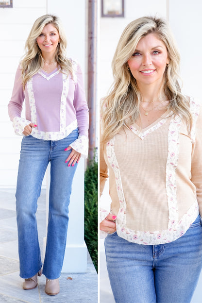 POL Ribbed Long Sleeve V Neck Top with Floral Accent