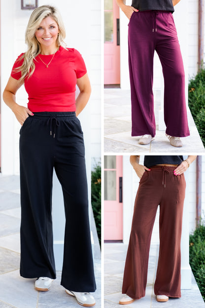 Solid Cotton Elastic Waist Wide Leg Pants