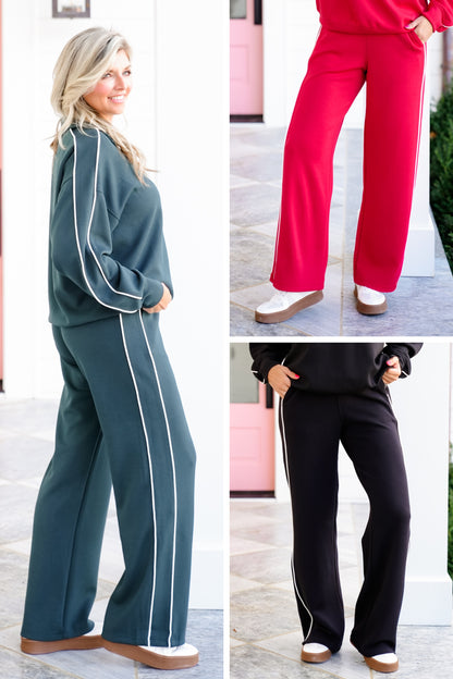 Solid Elastic Waist Wide Leg Pants with Side Stripes