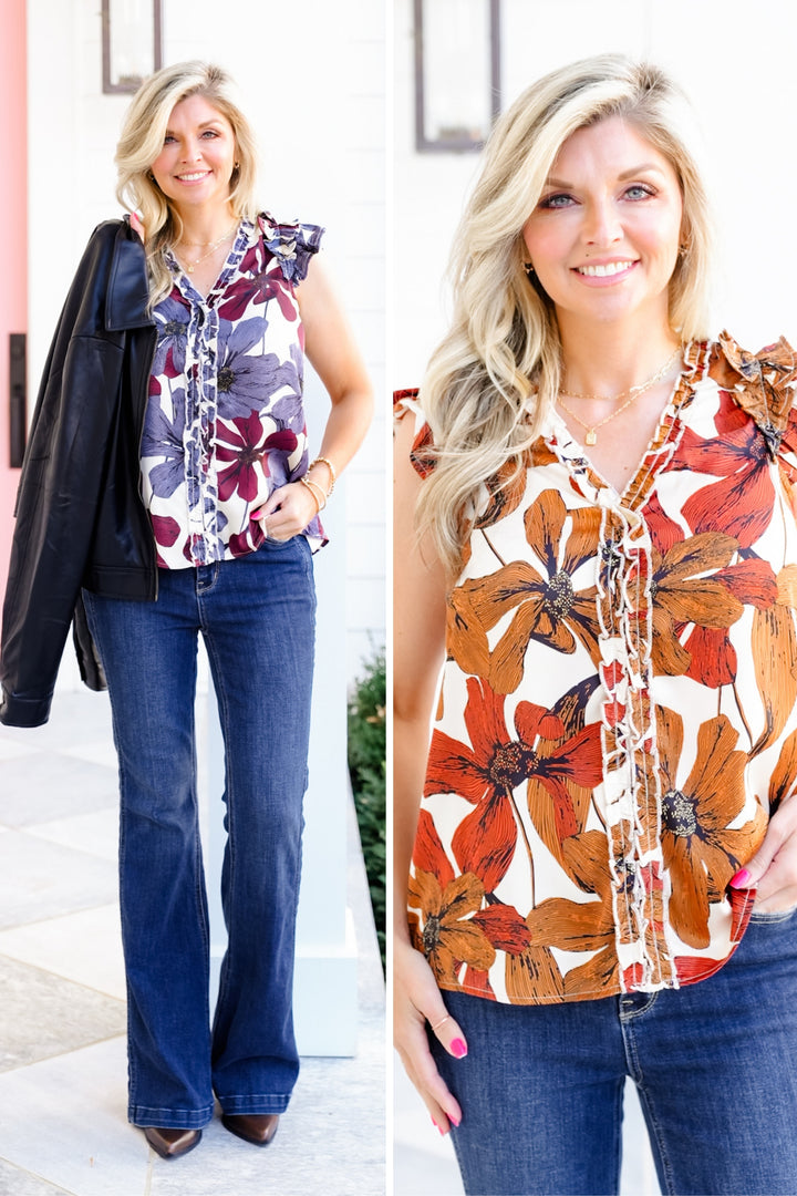 Floral Satin Sleeveless V Neck Ruffle Top