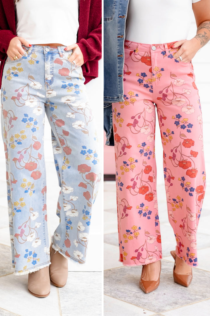 Floral Print Washed Denim Straight Leg Pants