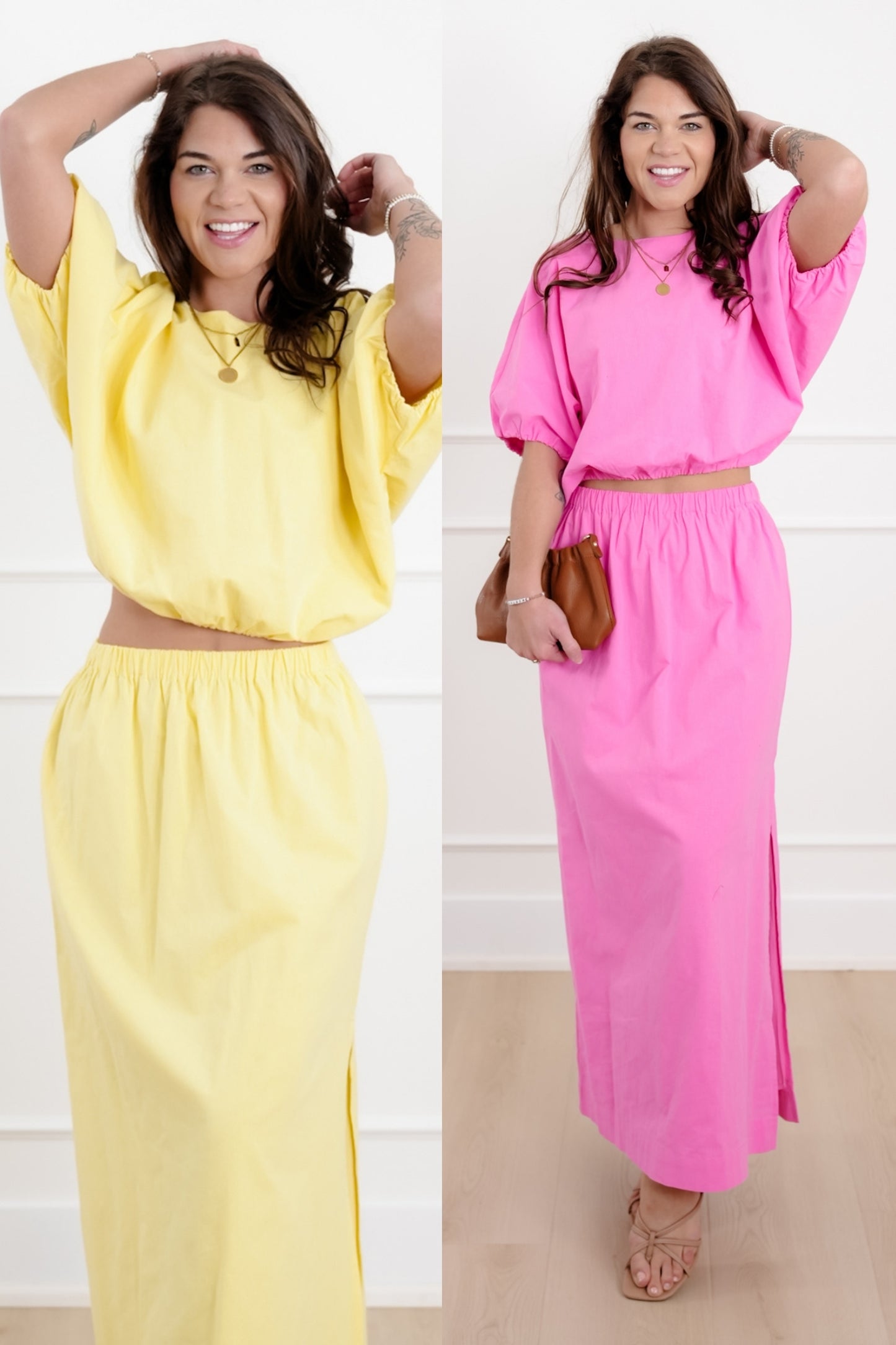 Short Sleeve Bubble Top with Elastic Waist Skirt