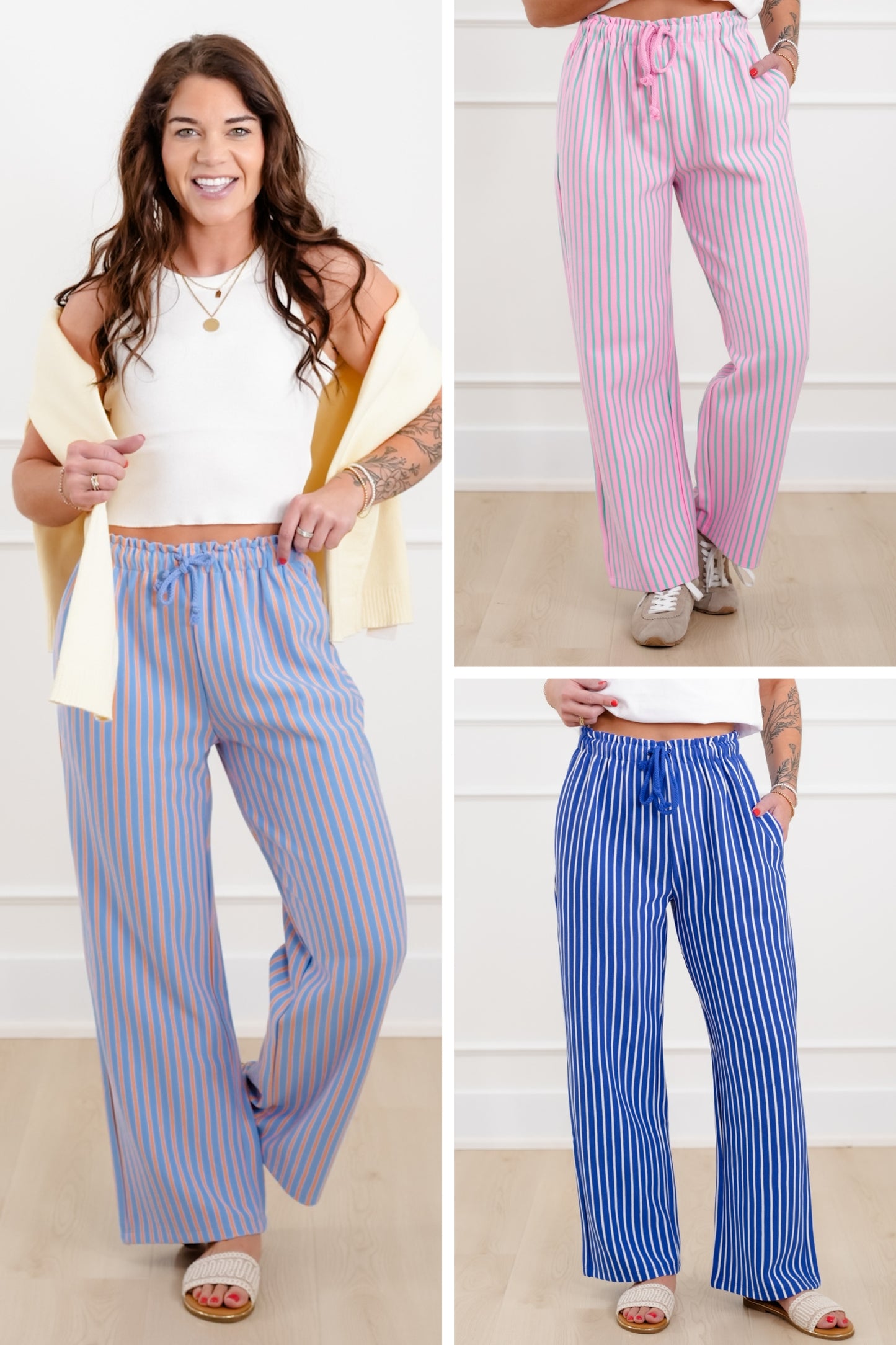 Stripe Elastic Waist Pants with Drawstring