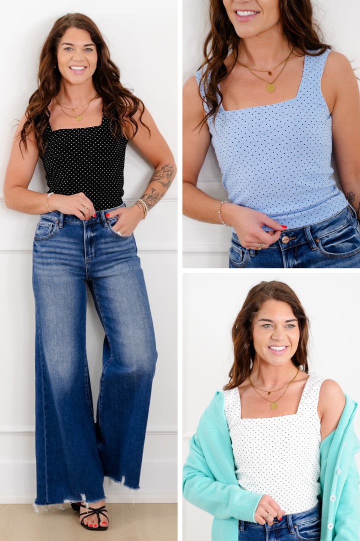 Plus/Reg Polka Dot Square Neck Tank Top