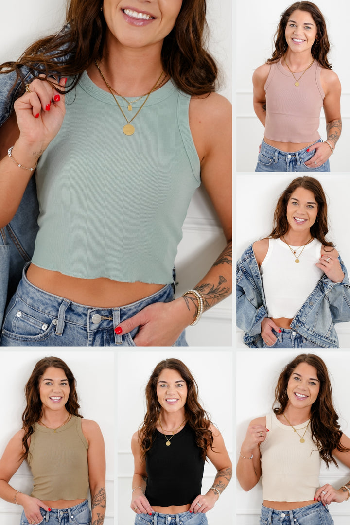 Ribbed Knit High Neck Cropped Tank Top
