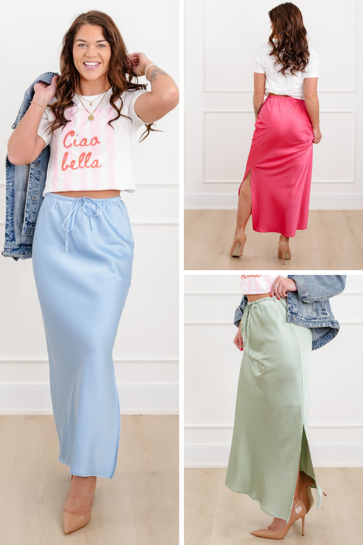 Satin Elastic Waist Midi Skirt with Side Slit