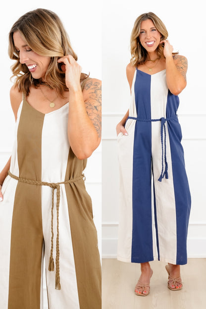 Vertical Stripe Sleeveless Jumpsuit with Side Pockets