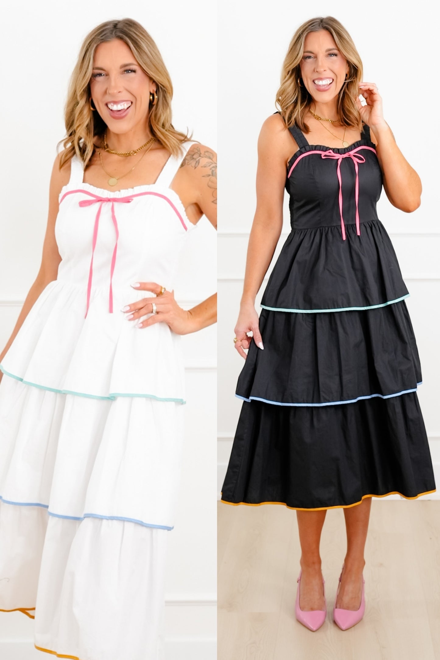 Plus/Reg Poplin Sleeveless Sweetheart Neck Tiered Midi Dress