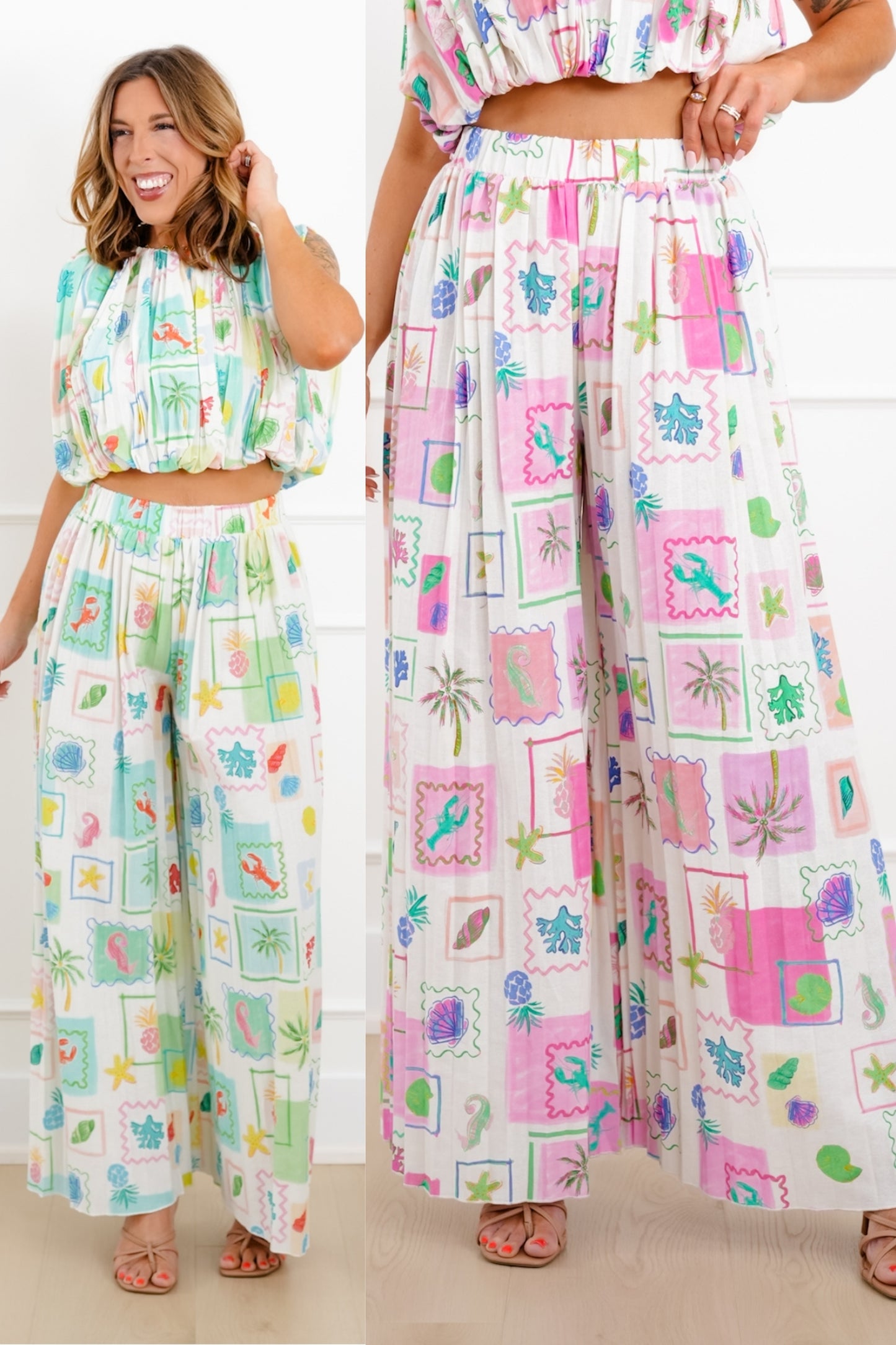 Tropical Print Elastic Waist Pleated Flowy Pants