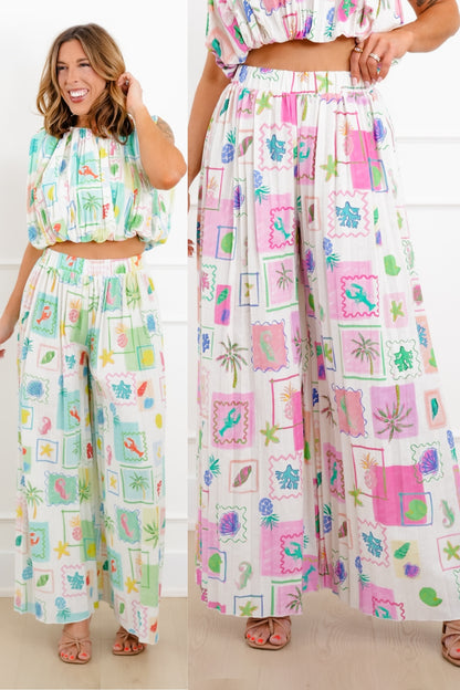 Tropical Print Elastic Waist Pleated Flowy Pants