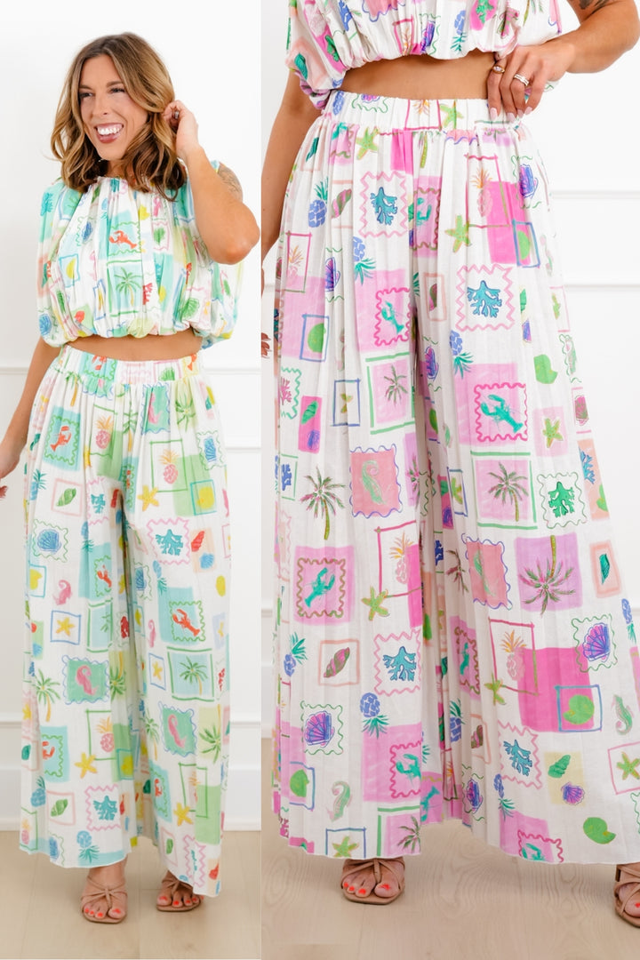 Tropical Print Elastic Waist Pleated Flowy Pants