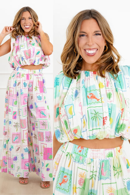 Tropical Print Sleeveless Pleated Top