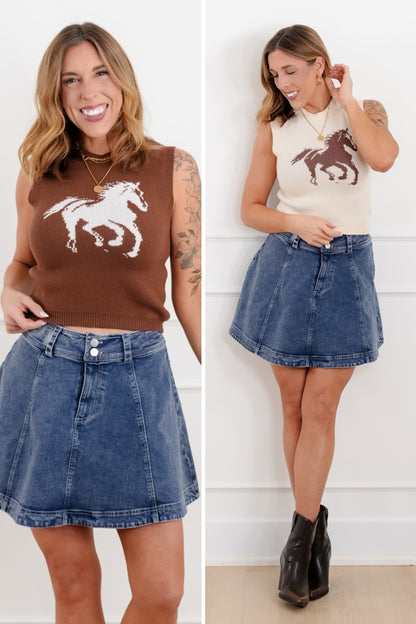 Knit Sleeveless Round Neck "Horse" Sweater Vest