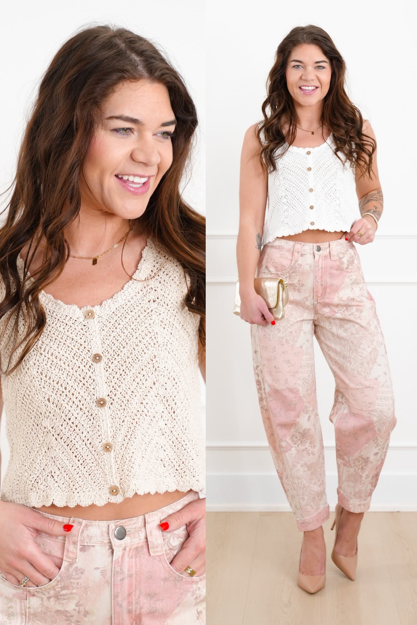 Crochet Sleeveless Tank Top with Button Accent
