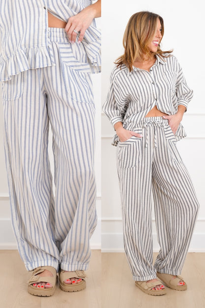Stripe Linen Blend Elastic Waist Jogger Pants