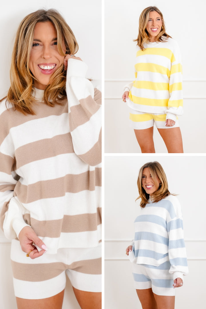 Wide Stripe Long Sleeve Sweater and Shorts Set