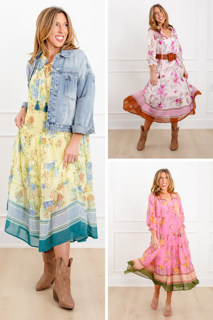 Floral Print 3/4 Sleeve Tiered Mix Dress