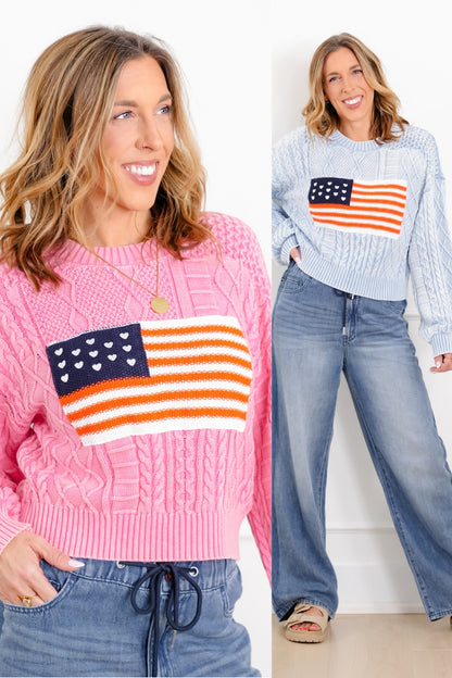 POL Long Sleeve Round Neck American Flag Sweater