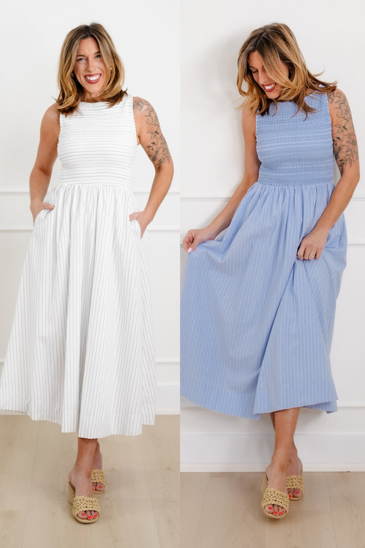 Plus/Reg Sleeveless Smocked Bodice Stripe Skirt Maxi Dress