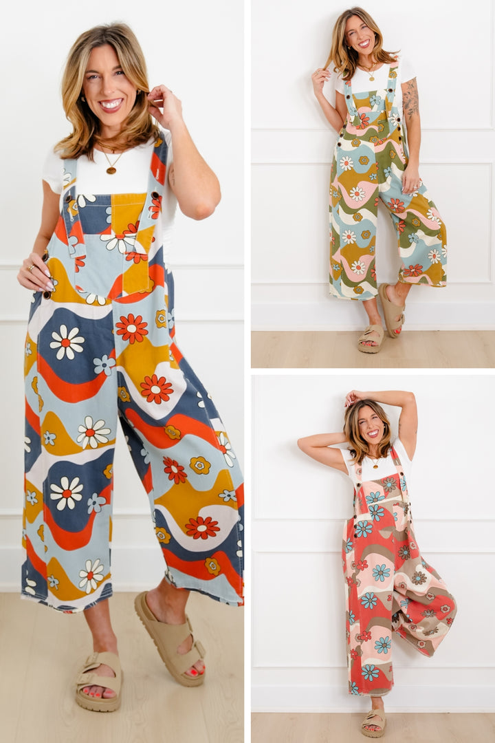 Flower Print Washed Twill Overalls