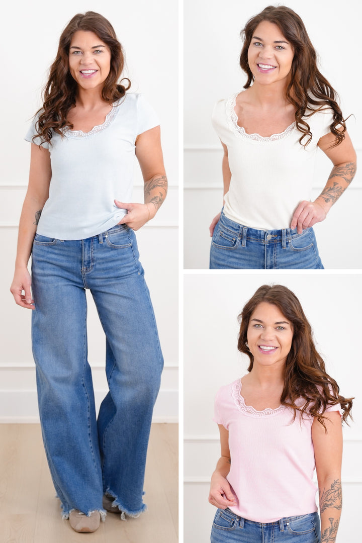 POL Ribbed Knit Short Sleeve Top with Lace Trim