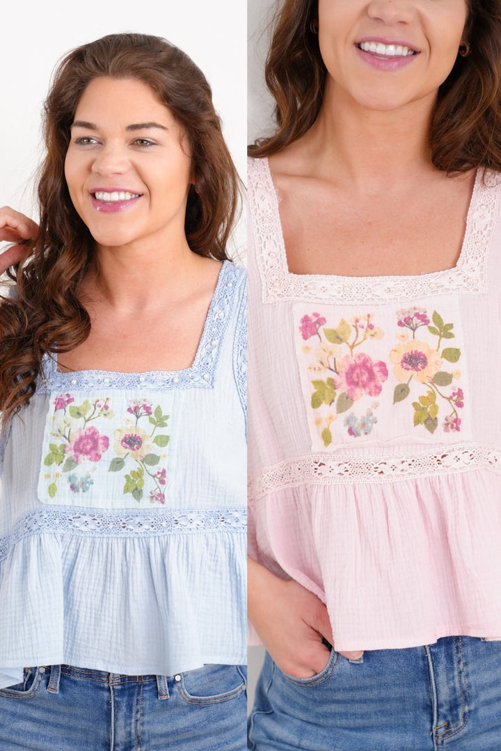 POL Gauze Sleeveless Square Neck Top with Floral Patch