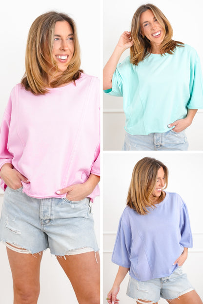 Plus/Reg Washed Half Sleeve Loose Fit Pullover Top