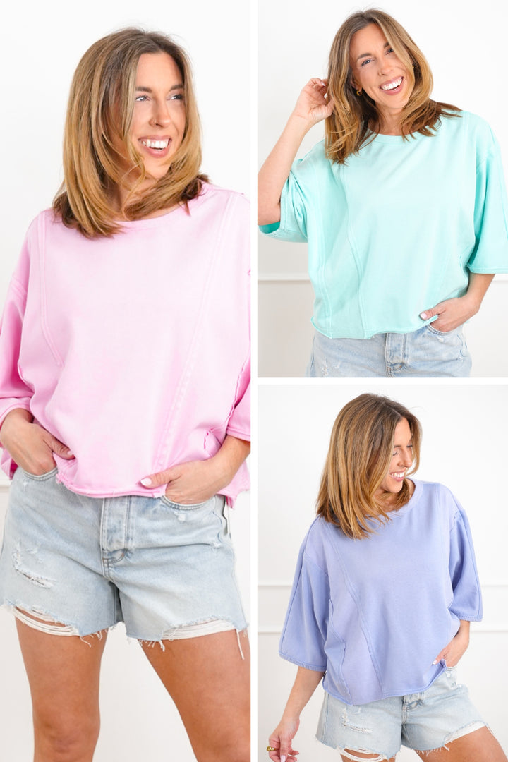 Plus/Reg Washed Half Sleeve Loose Fit Pullover Top