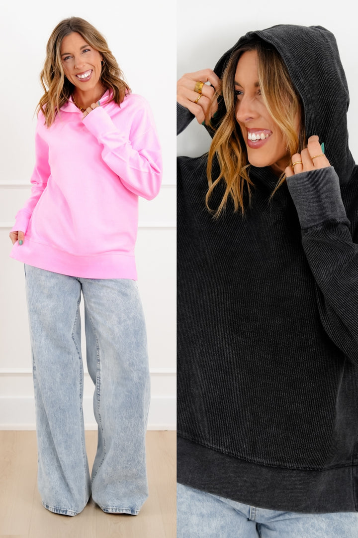 Plus/Reg Ribbed Long Sleeve Hooded Pullover Sweatshirt