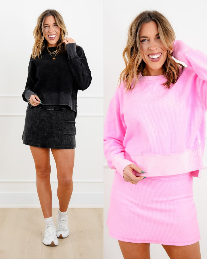 Plus/Reg Ribbed Long Sleeve Cropped Pullover Top