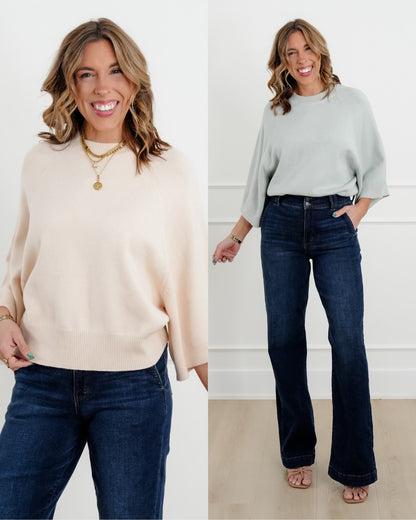 Wide 3/4 Dolman Sleeve Crew Neck Sweater