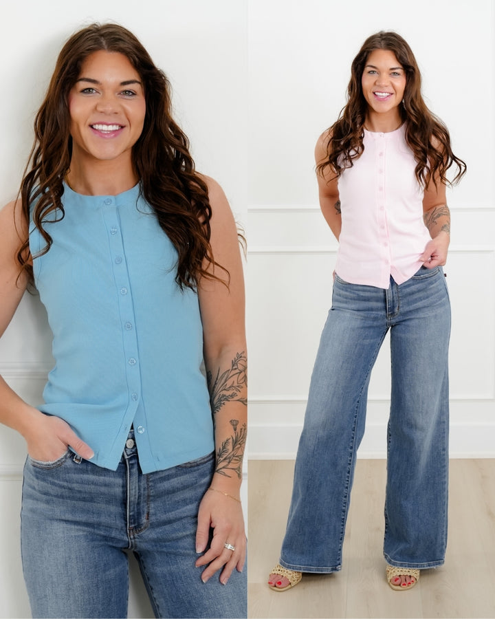 Sleeveless Ribbed Button Down Tank Top