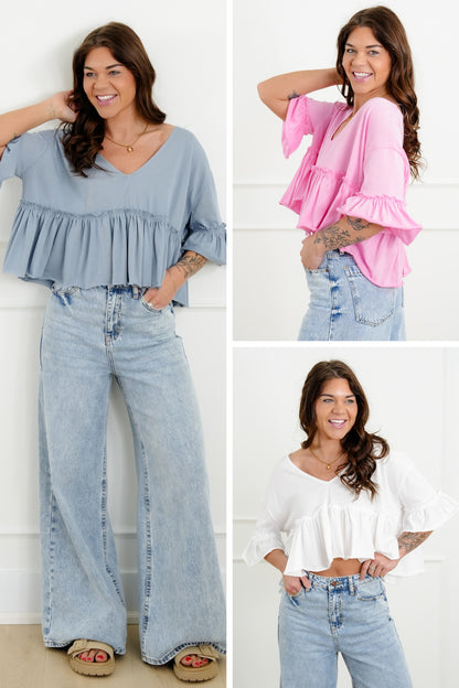 Short Sleeve V Neck Ruffle Crop Top