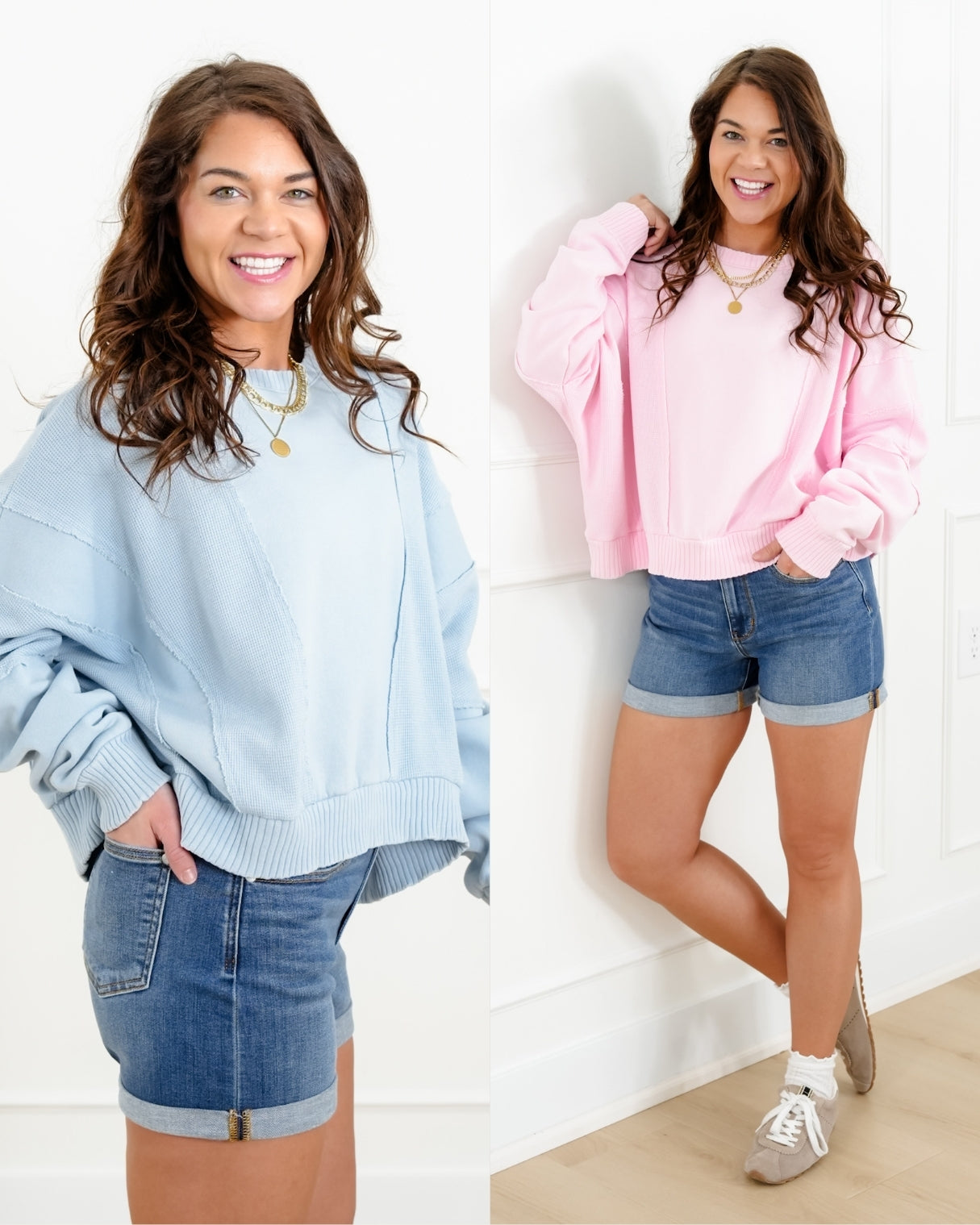 Washed Dolman Sleeve Sweatshirt with Waffle Knit Trim