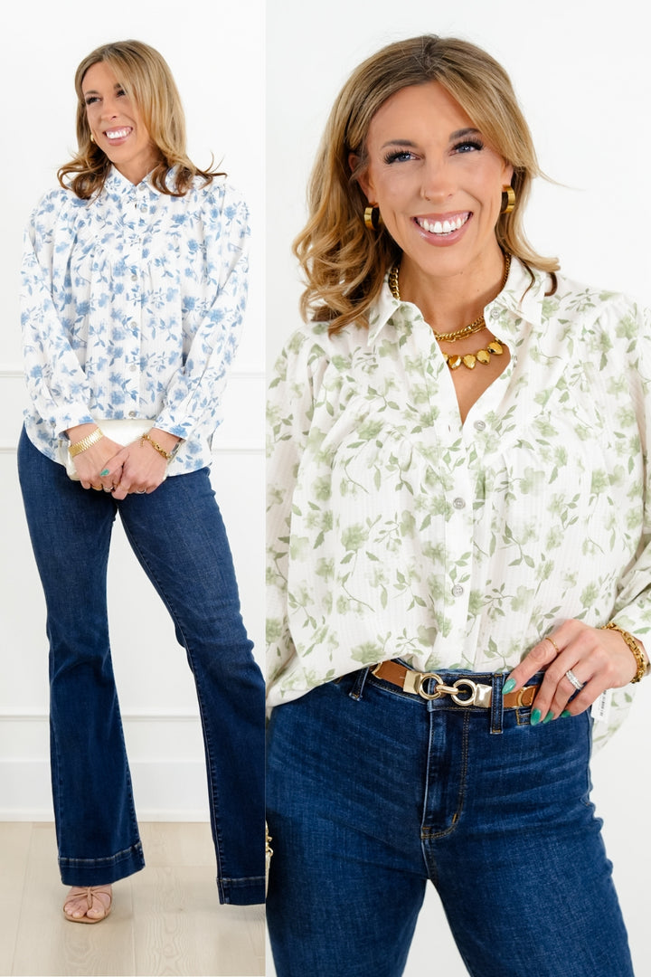 Plus/Reg Floral Print Long Sleeve Button Down Top