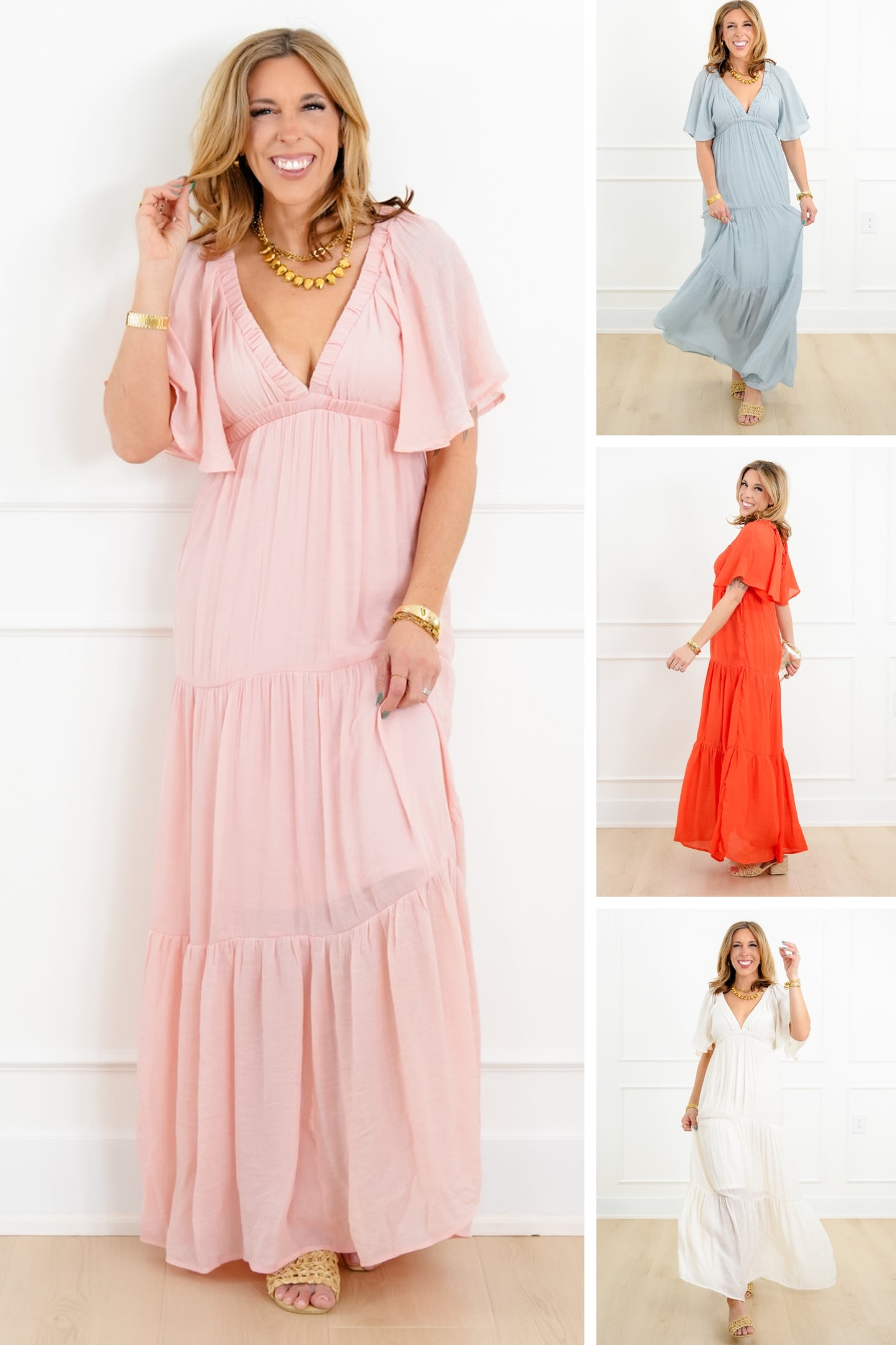 Solid Short Sleeve V Neck Tiered Maxi Dress